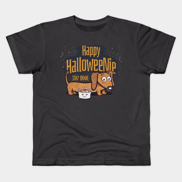 Funny and spooky Halloweenie Doxie Dachshund with staying Brave for trick or treating on Halloween tee Kids T-Shirt by Danny Gordon Art